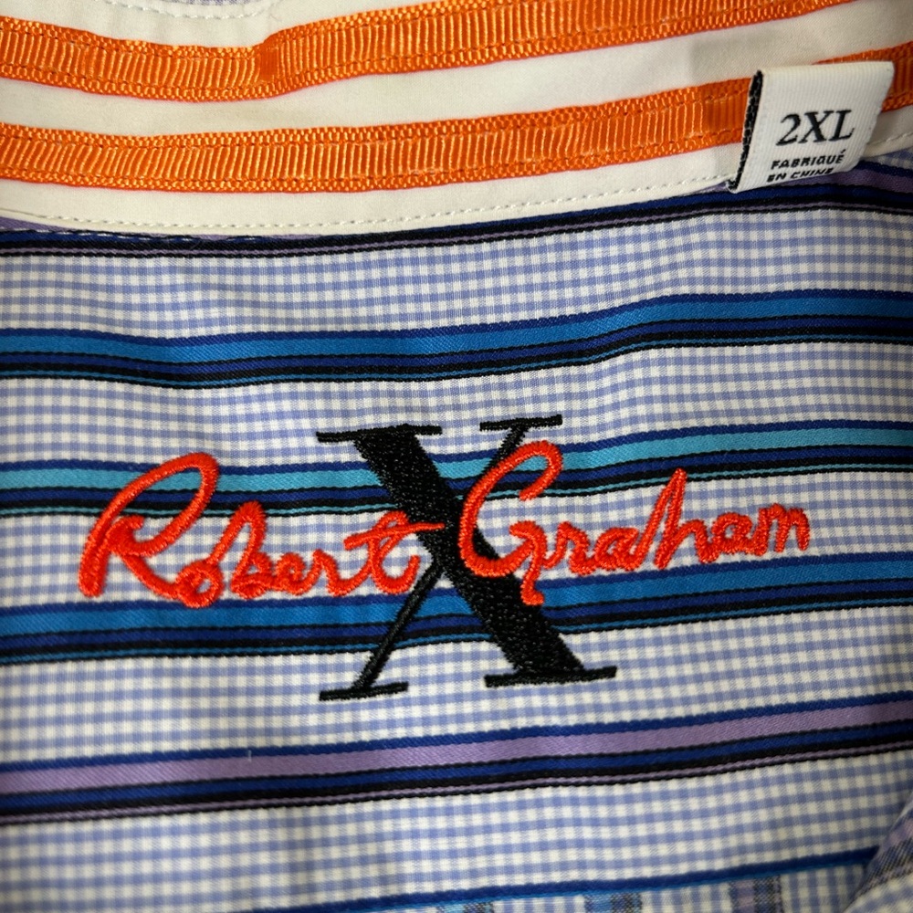 ROBERT GRAHAM Flip Cuff Striped Gingham Button Down Shirt Blue Purple 2XL - Picture 3 of 16